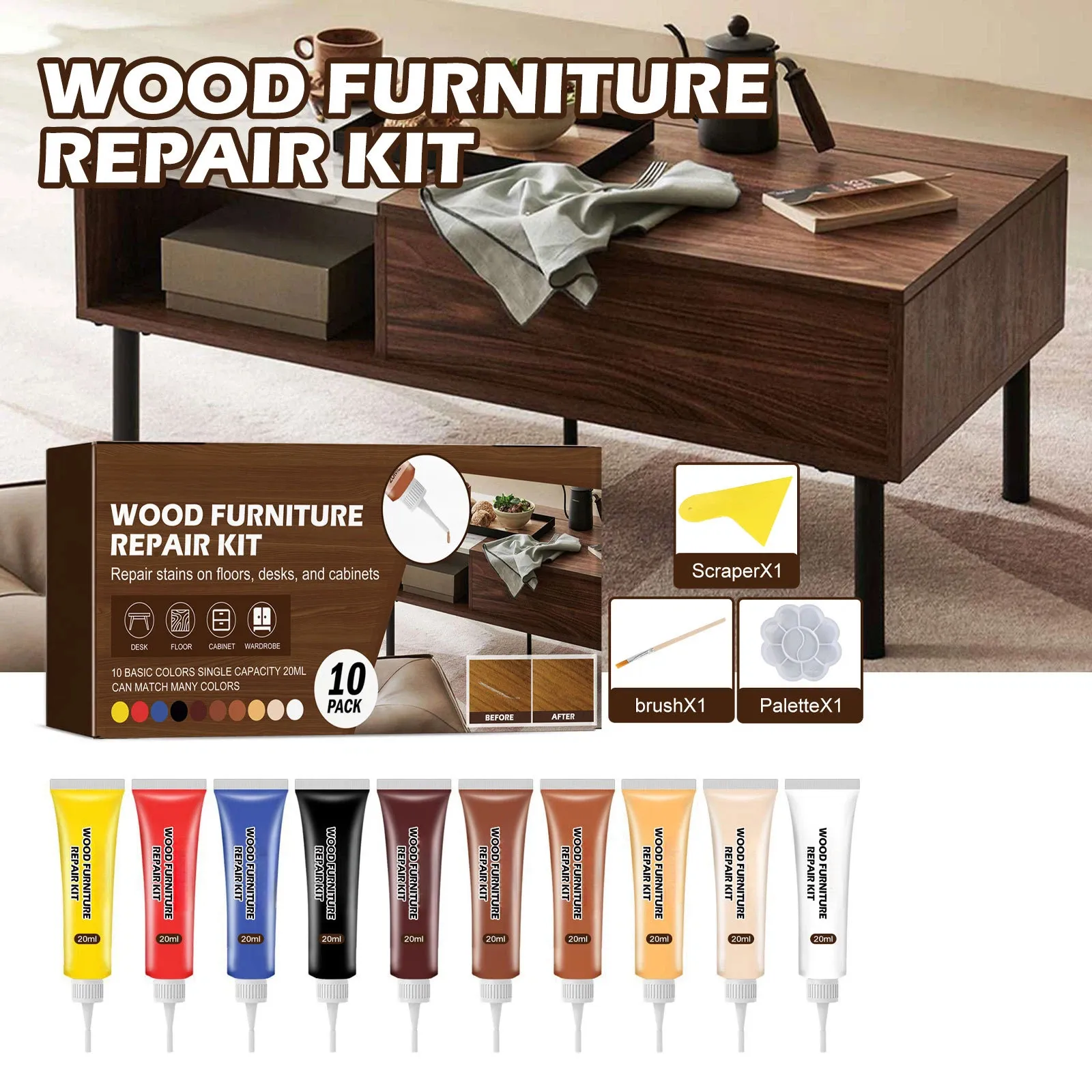 Wood repair kit with paste tubes scraper brush and mixing palette