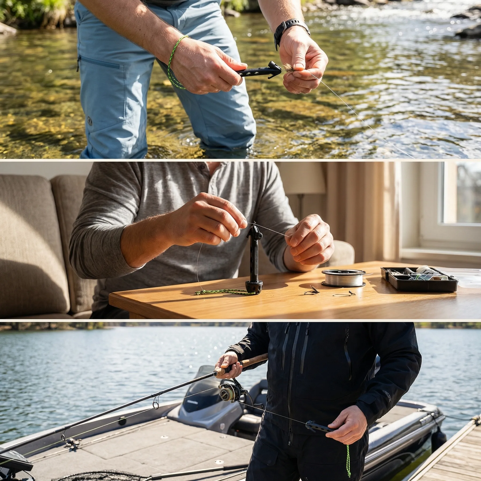Magnetic fishing threader used outdoors, indoors and on a boat