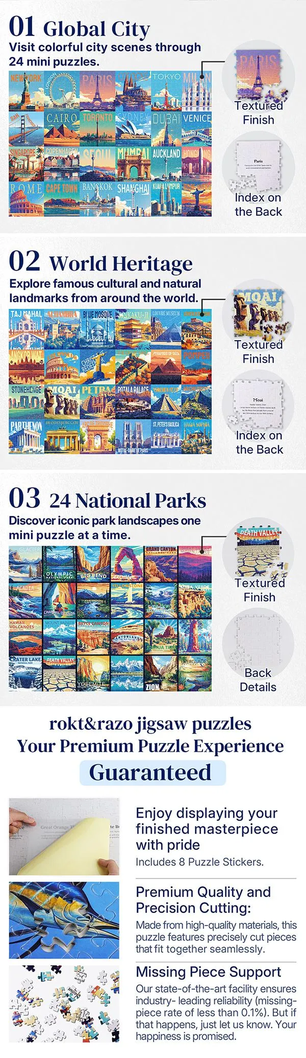 rokt&razo Travel Series, 24 Mini Pack 1000 Pieces Jigsaw Puzzle, 8 Puzzle Stickers, 3 Themes: National Parks, World Heritage, Global City Tour, Daily Puzzle, Family Game Night, Finished Size 27.5 x 19.7 in