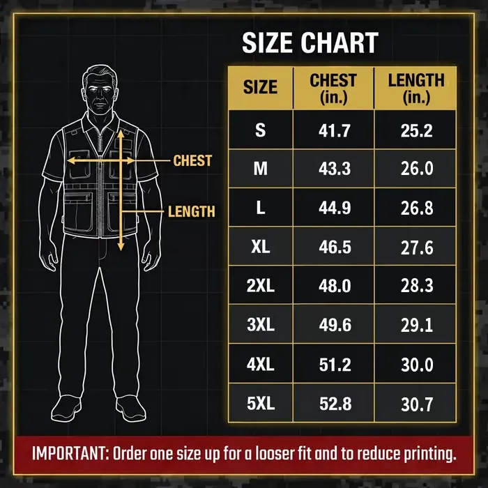 Vest size chart from S to 5XL with chest and length measurements in inches