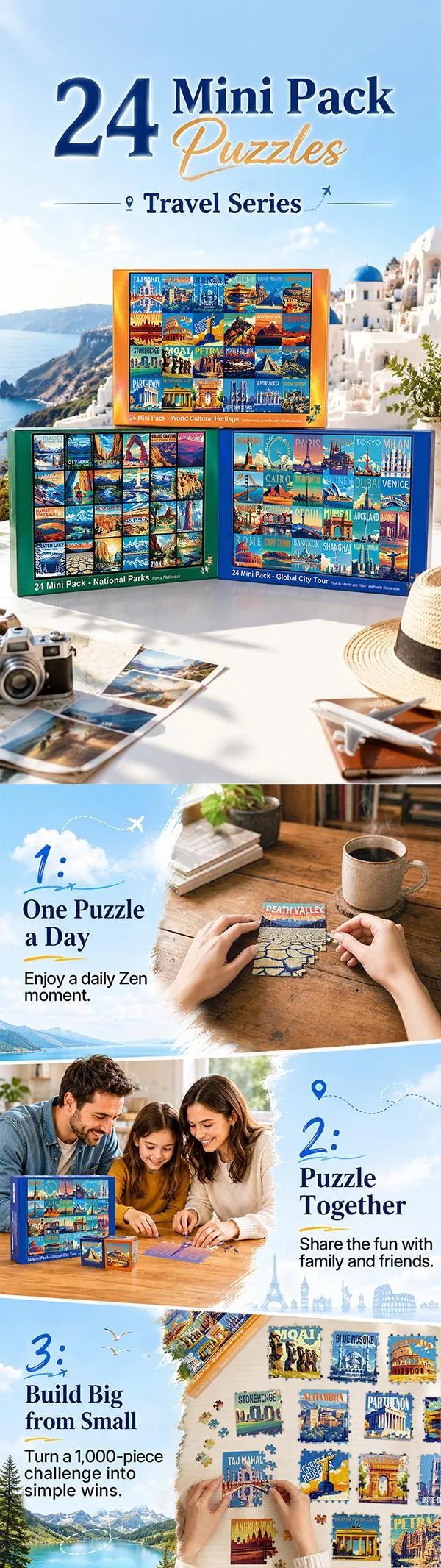 rokt&razo Travel Series, 24 Mini Pack 1000 Pieces Jigsaw Puzzle, 8 Puzzle Stickers, 3 Themes: National Parks, World Heritage, Global City Tour, Daily Puzzle, Family Game Night, Finished Size 27.5 x 19.7 in